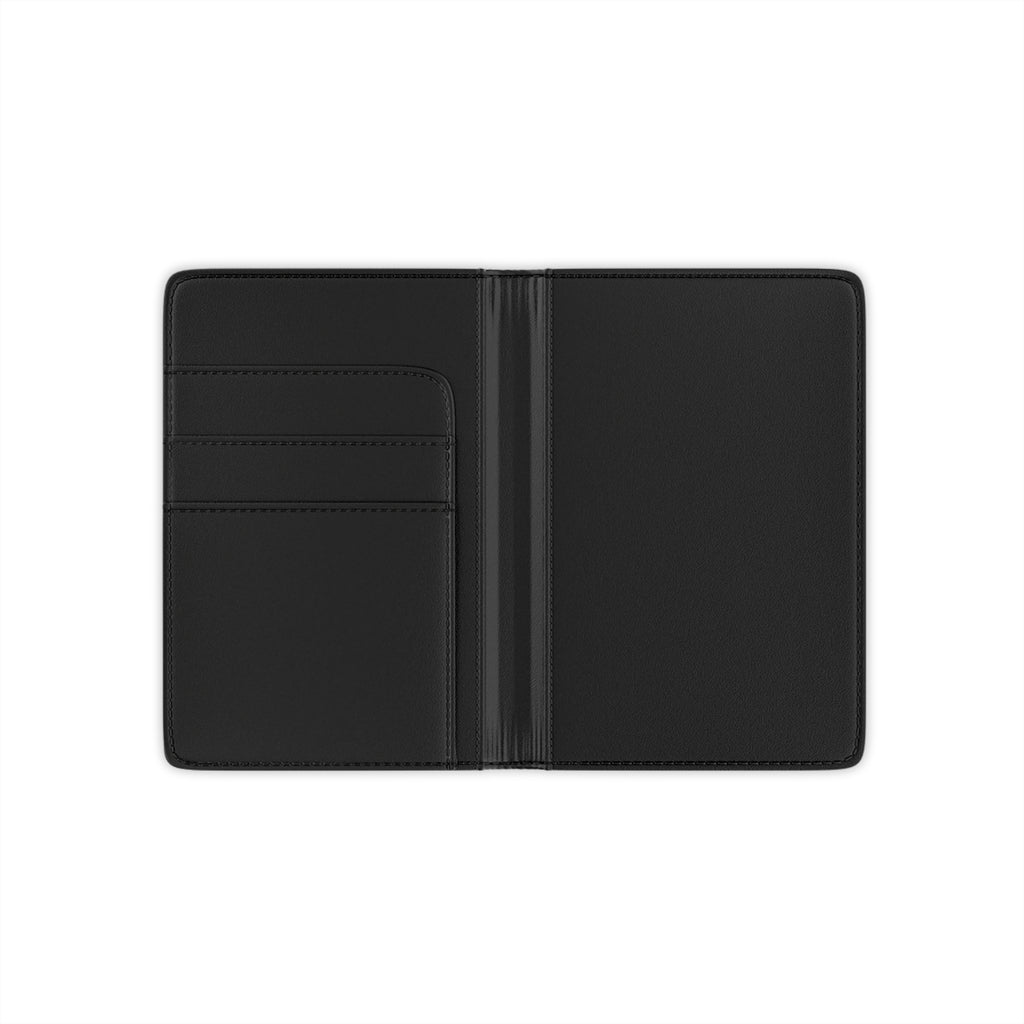Black faux  leather passport holder open on a white background