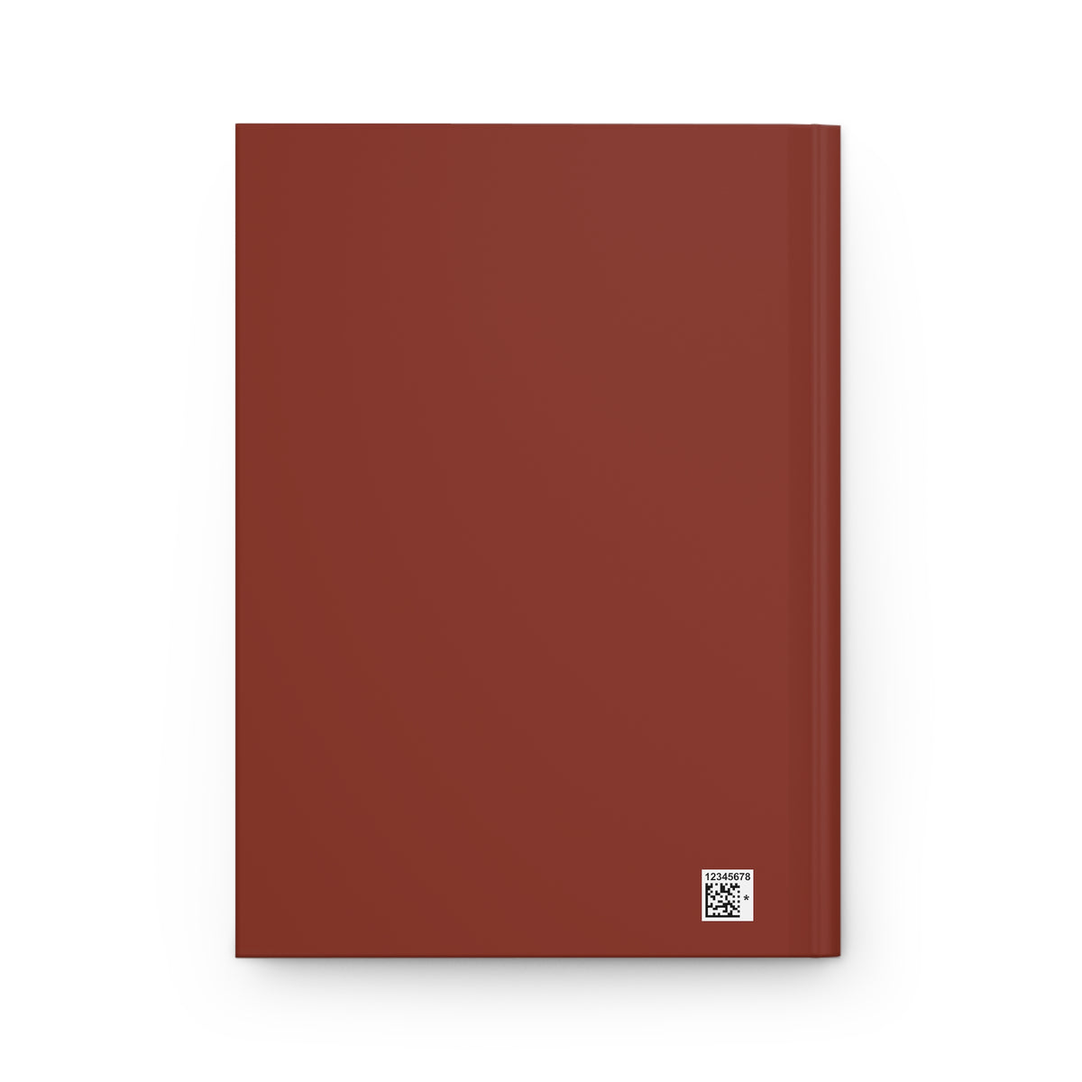 A minimalist hardcover notebook in a matte terracotta red color, shown closed against a clean white background. A small square barcode is visible in the bottom right corner.