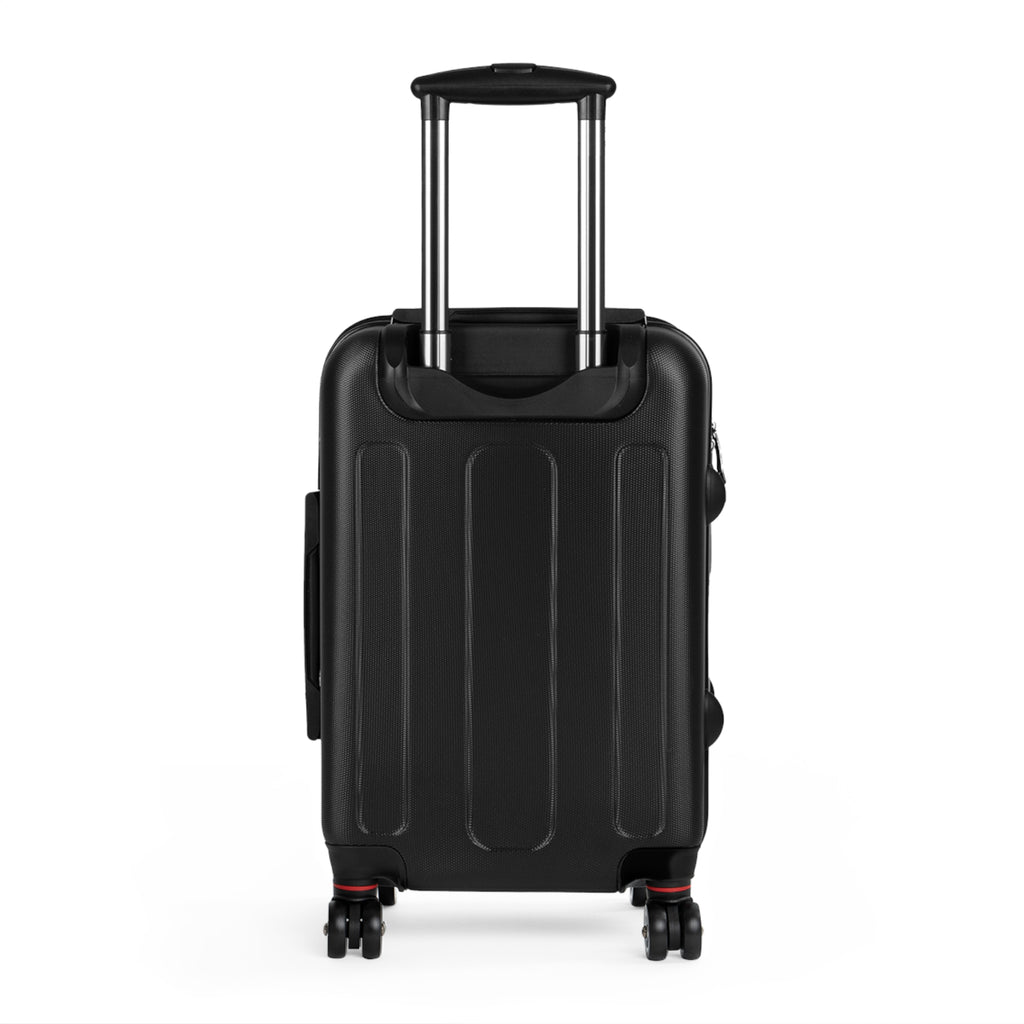 Black back of suitcase with extended telescoping handle and spinner wheels on a white background