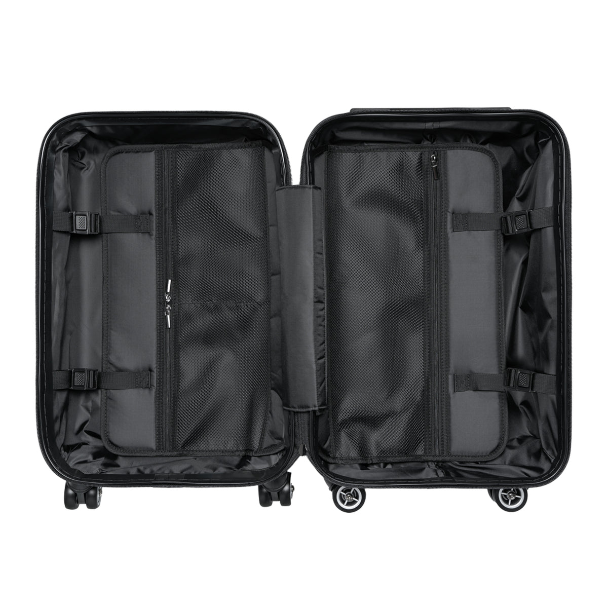 Black interior of suitcase showing pouches and straps for packing on a white background.