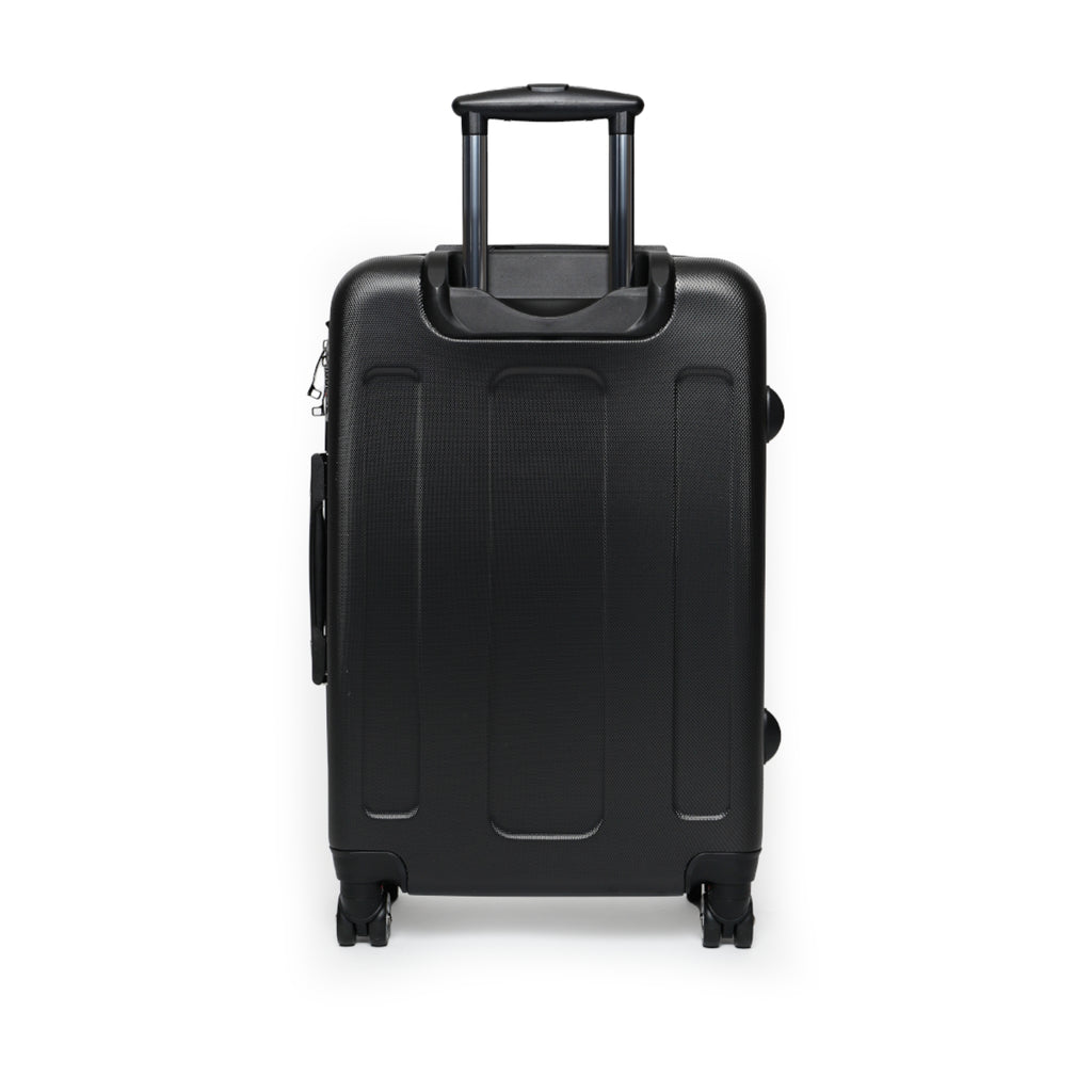 Black back of suitcase with extended telescoping handle and spinner wheels on a white background