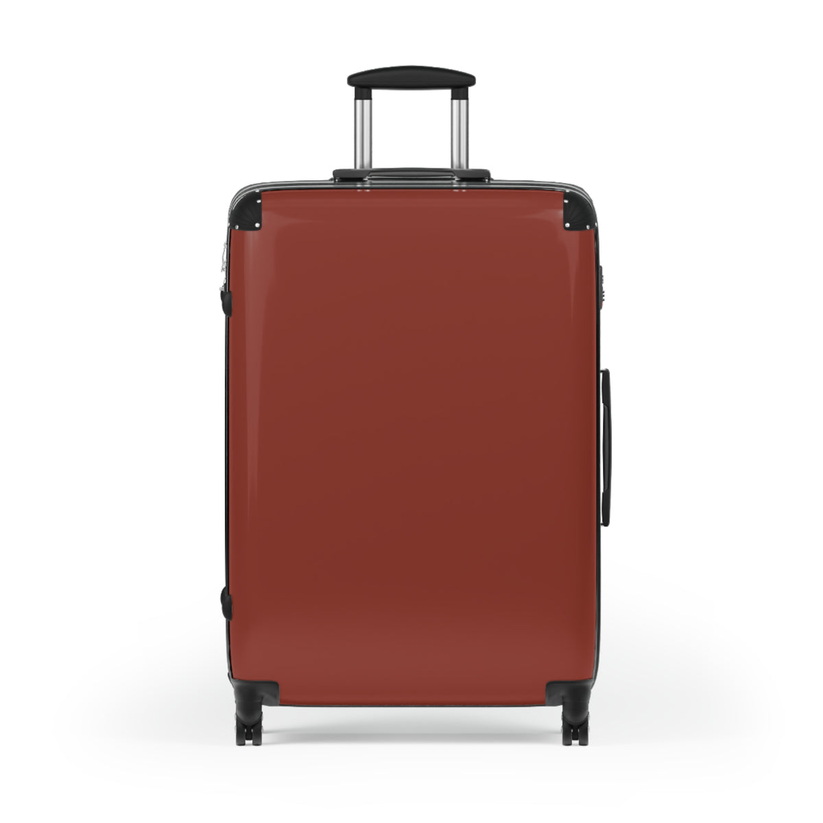 A hard-shell hardside suitcase in a brick red color, featuring a telescoping handle extended upwards and four spinner wheels, shown against a plain white background.