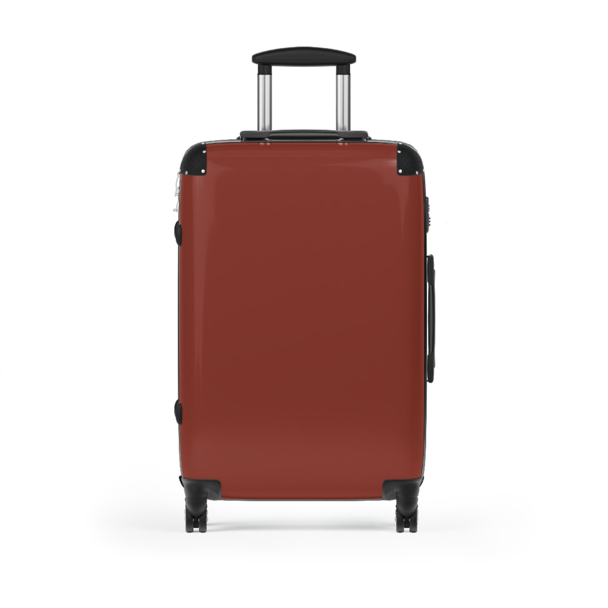 A hard-shell hardside suitcase in a brick red color, featuring a telescoping handle extended upwards and four spinner wheels, shown against a plain white background.