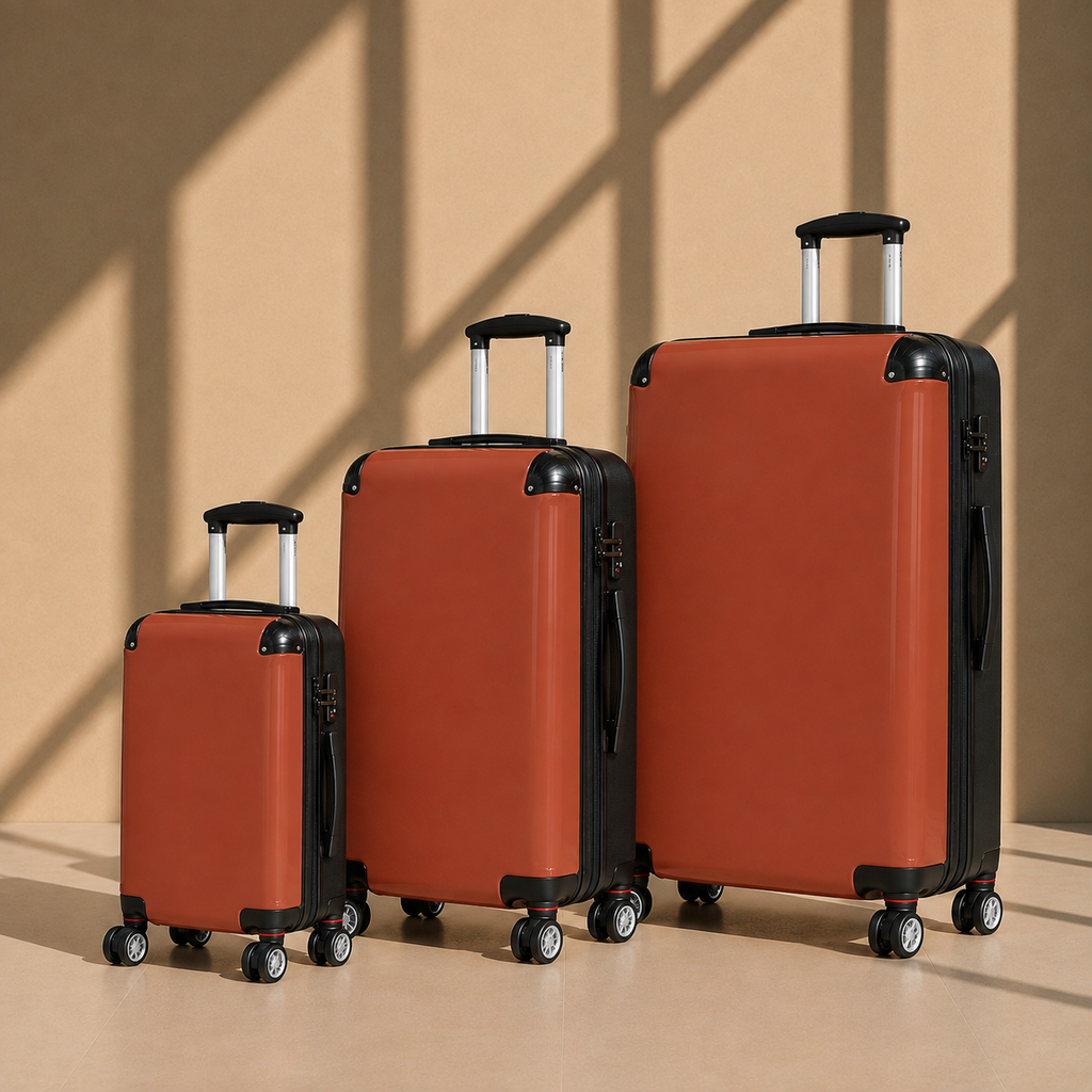 Three hard-shell spinner suitcases in terracotta orange and black, arranged by size on a beige floor with warm window-shadow lighting.
