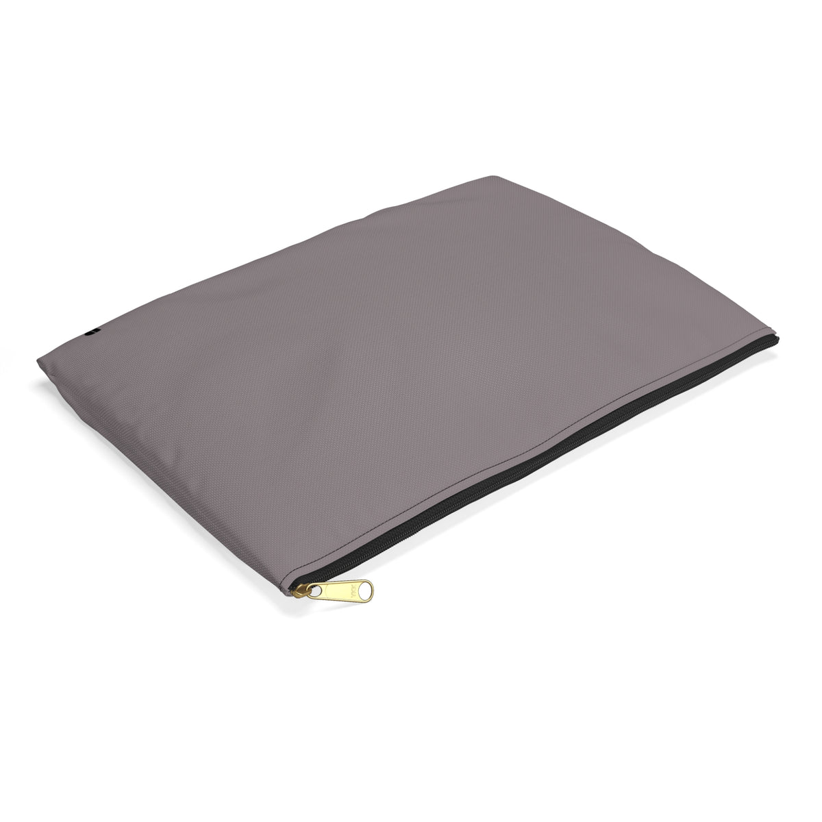 A minimalist rectangular zippered pouch in a muted gray, featuring a black zipper and a small black logo on the bottom right corner, set against a plain white background.