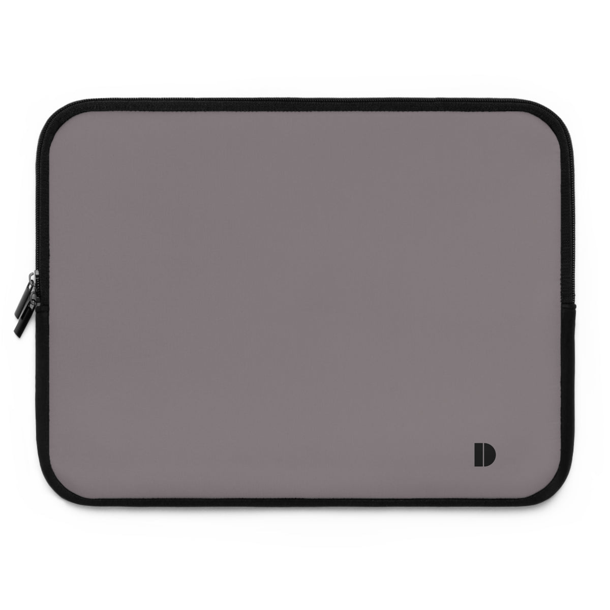 A rectangular laptop sleeve in a muted gray color with a black zipper border and a small black logo in the bottom right corner, shown on a plain white background.