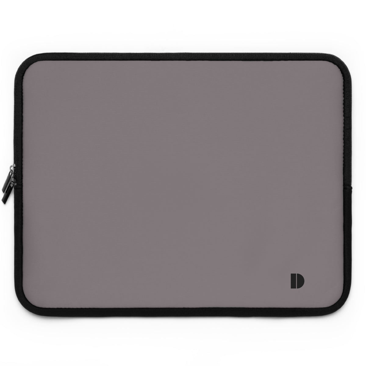 A flat rectangular laptop sleeve in a muted gray color with black trim and a small black monogram logo in the bottom right corner, shown on a plain white background.