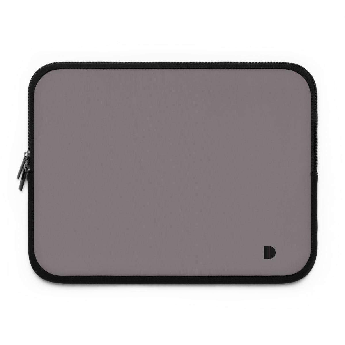 A rectangular laptop sleeve in a muted gray color with black trim and a small black monogram logo in the bottom right corner, shown on a plain white background.