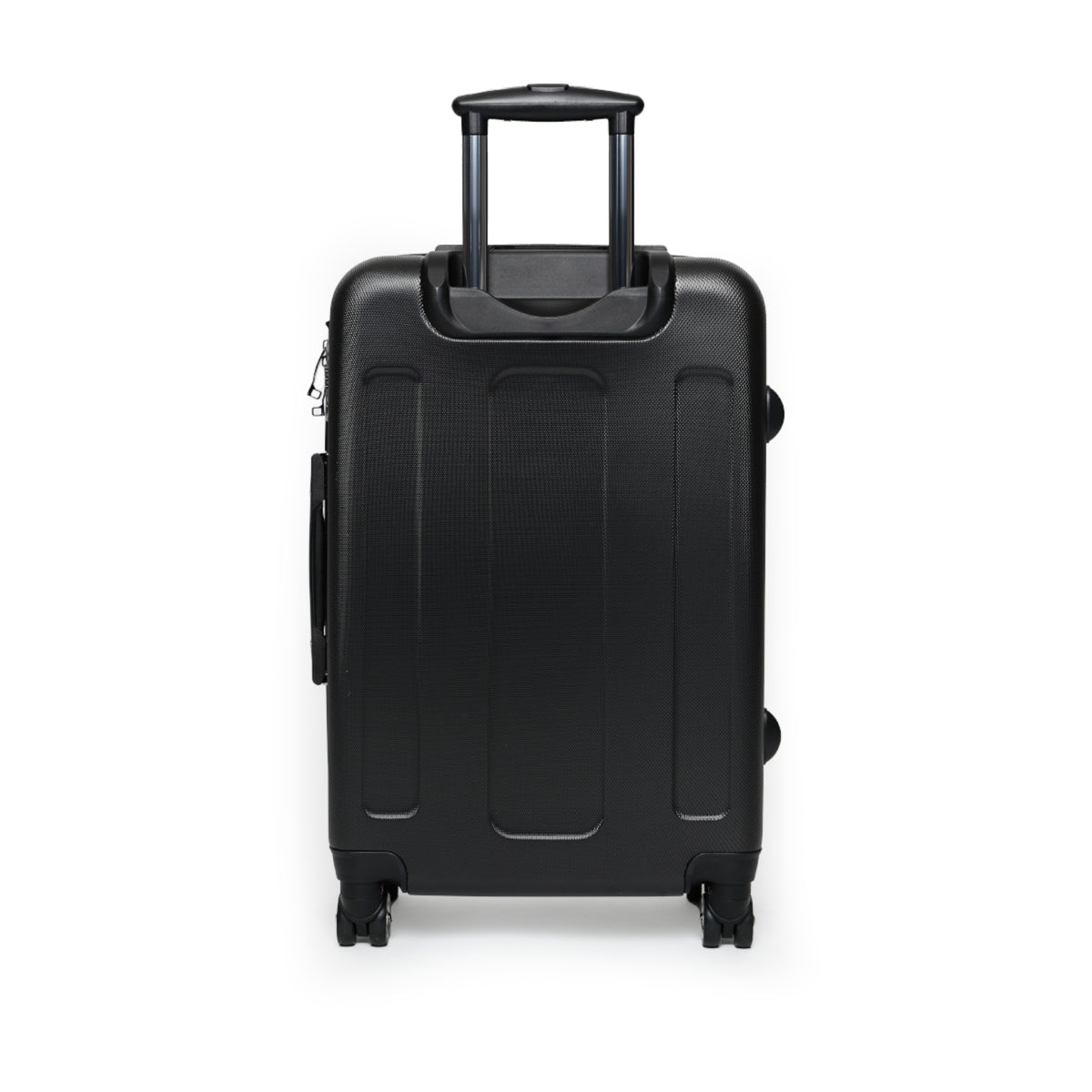 Black back of suitcase with extended telescoping handle and spinner wheels on a white background