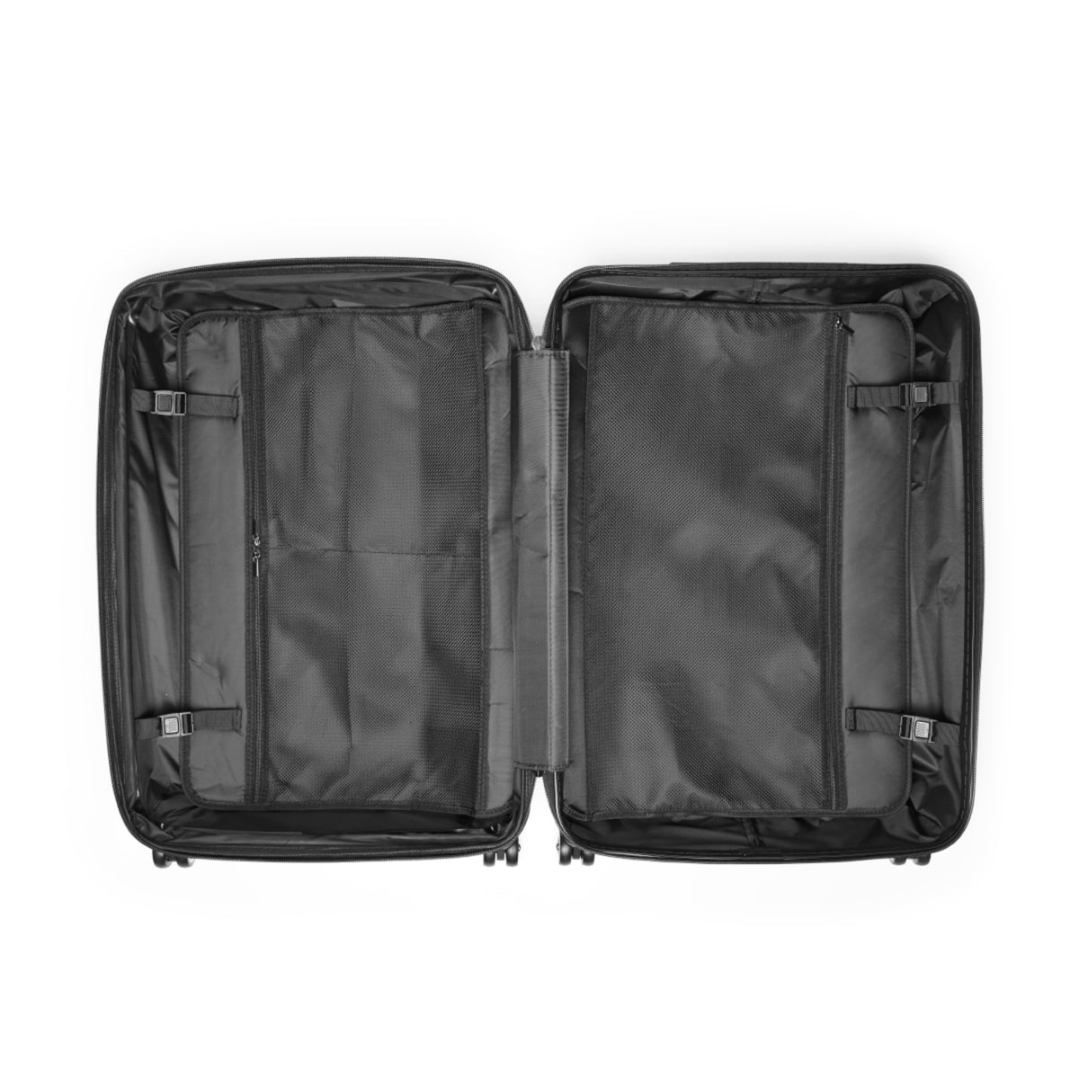 Black suitcase interior open showing multiple zippered pockets and straps used for packing on a white background