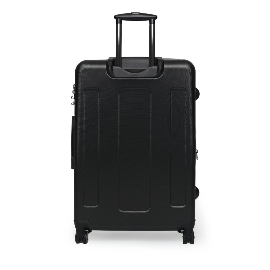 Black back of suitcase with extended telescoping handle and spinner wheels on a white background