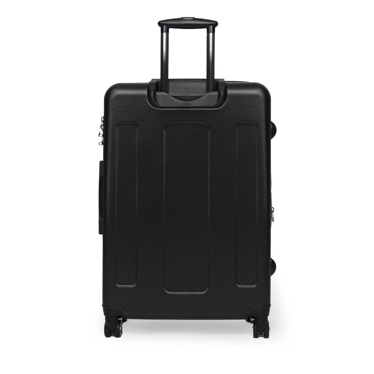 Black back of suitcase with extended telescoping handle and spinner wheels on a white background