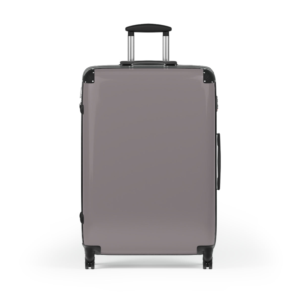 A hard-shell hardside suitcase in a muted taupe-gray color, featuring a telescoping handle extended at the top and dual spinner wheels at the bottom, shown against a plain white background.