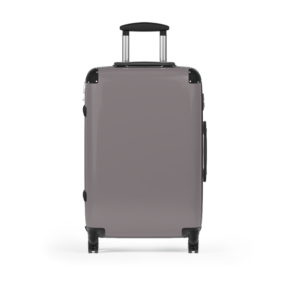 A hard-shell hardside suitcase in a muted taupe-gray color, featuring a telescoping handle extended at the top and dual spinner wheels at the bottom, shown against a plain white background.