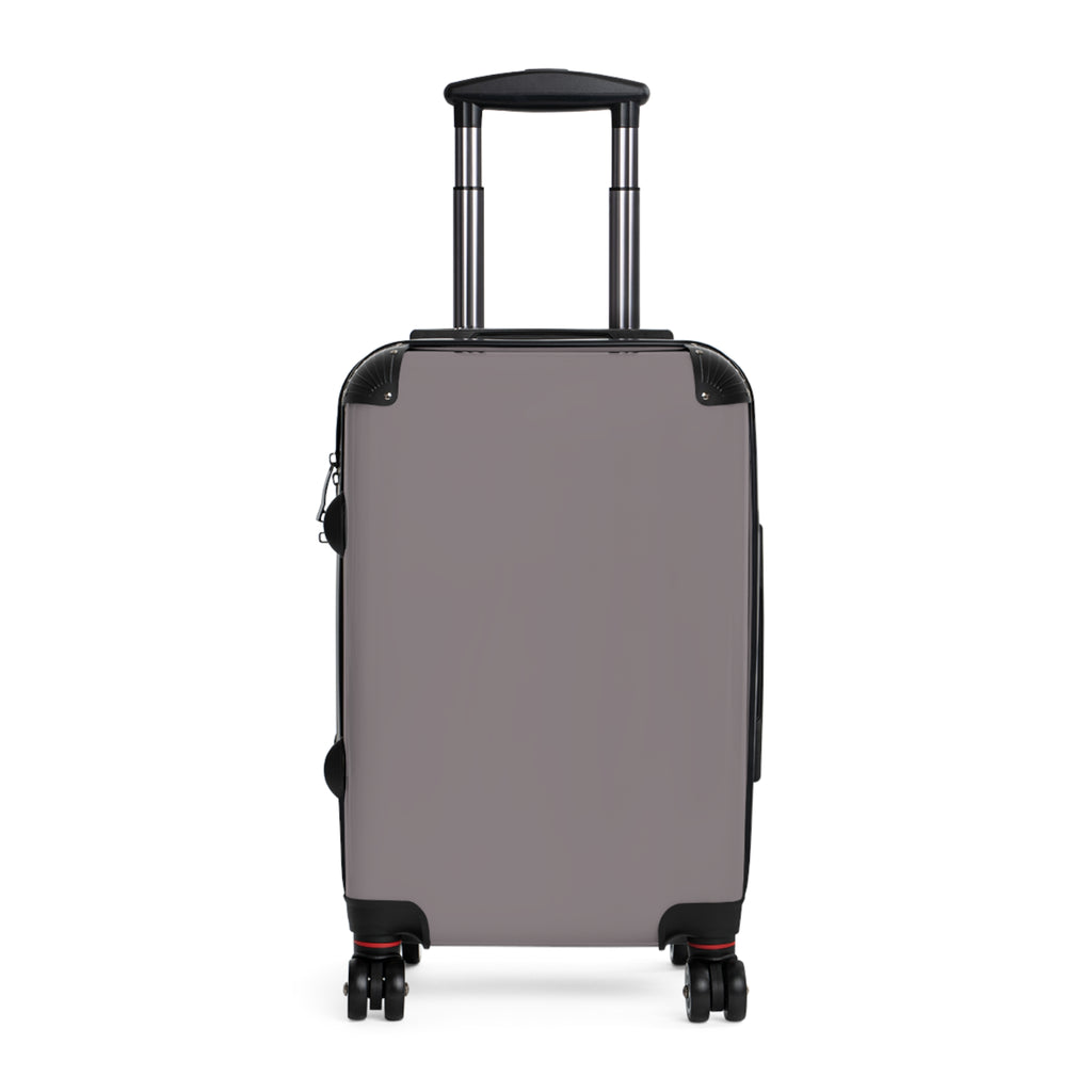 A hard-shell hardside suitcase in a muted taupe-gray color, featuring a telescoping handle extended at the top and dual spinner wheels at the bottom, shown against a plain white background.