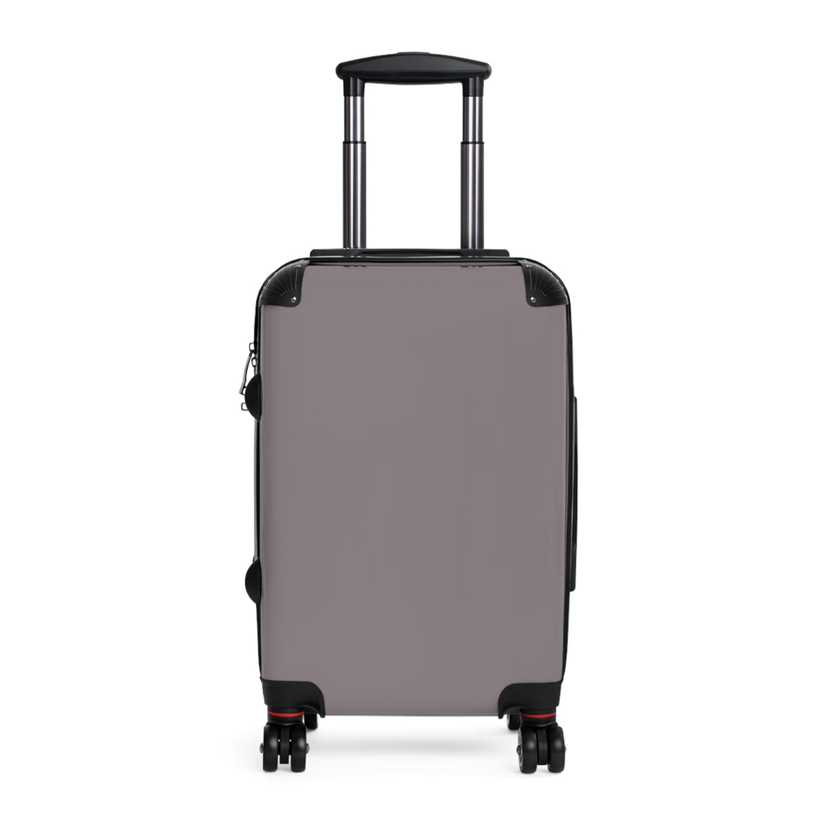A hard-shell hardside suitcase in a muted taupe-gray color, featuring a telescoping handle extended at the top and dual spinner wheels at the bottom, shown against a plain white background.