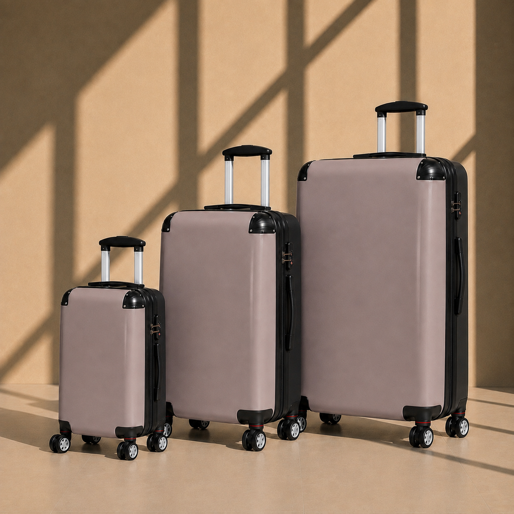 Three hard-shell rolling suitcases in a matching gray, arranged by size from smallest to largest on a beige floor against a wall with warm window-shadow lighting.