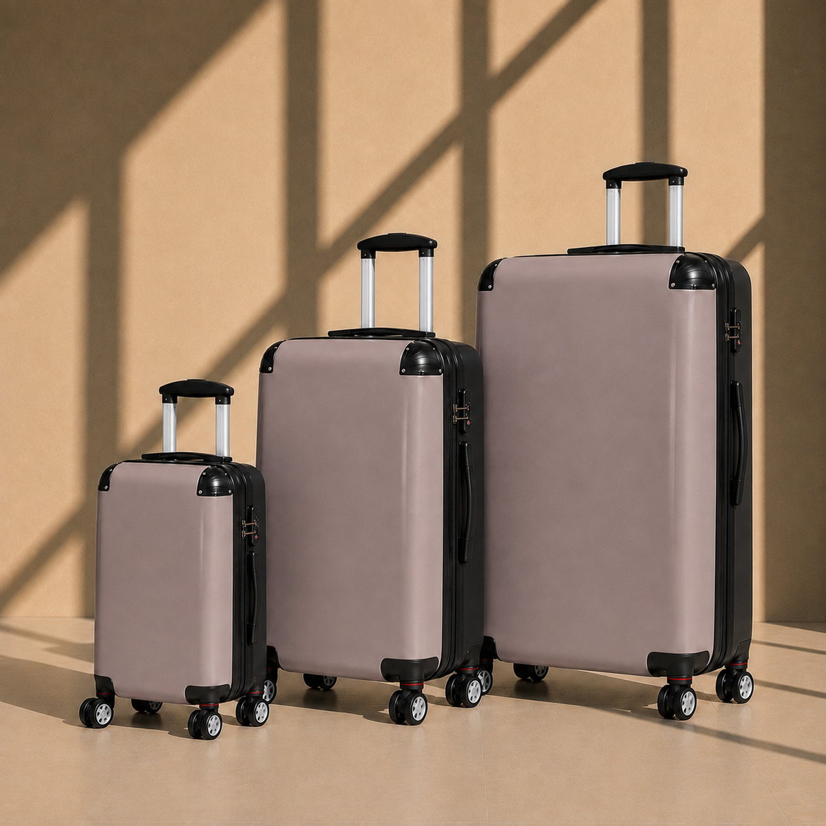 Three hard-shell rolling suitcases in a matching gray, arranged by size from smallest to largest on a beige floor against a wall with warm window-shadow lighting.