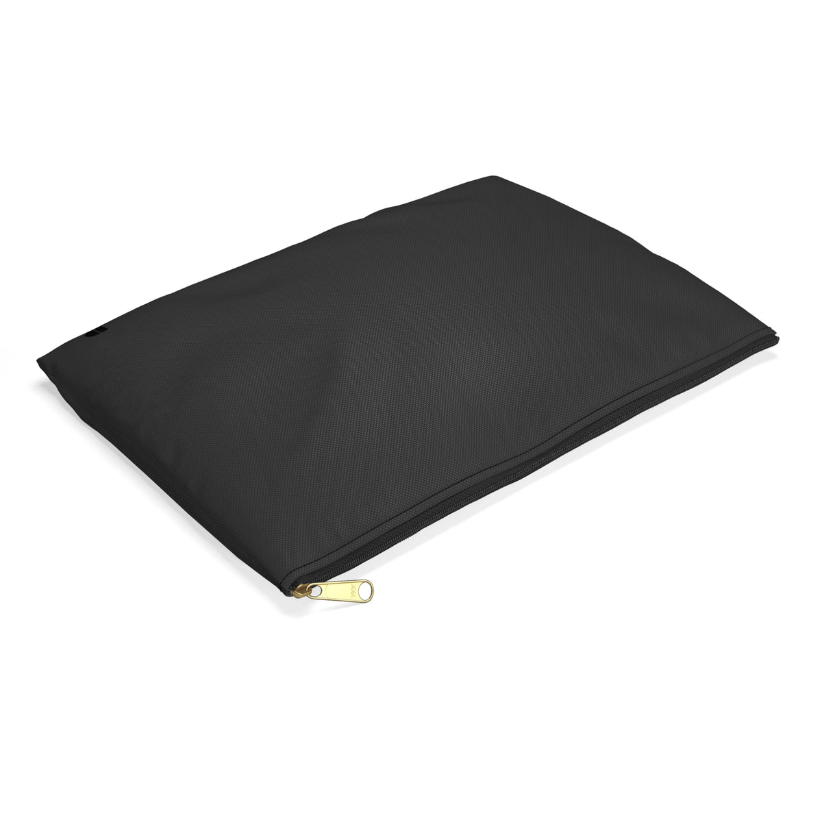 A charcoal gray textured zippered pouch with a gold zipper pull and a small black logo in the bottom right corner, shown against a plain white background.