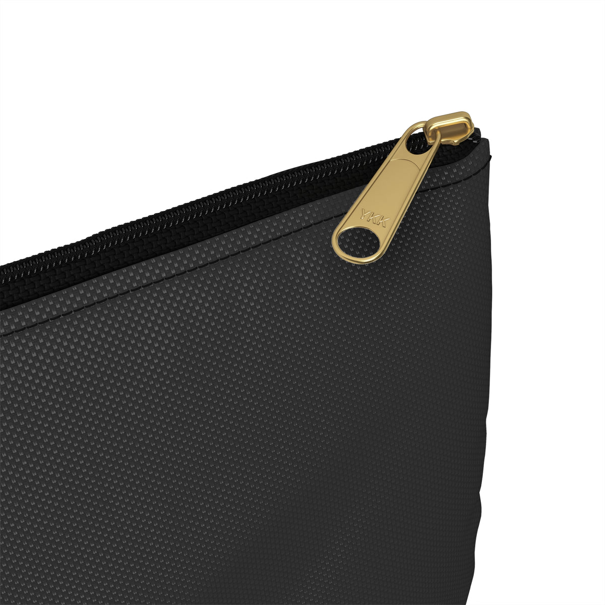 Close-up of a charcoal gray textured zippered pouch with a gold zipper pull shown against a plain white background.