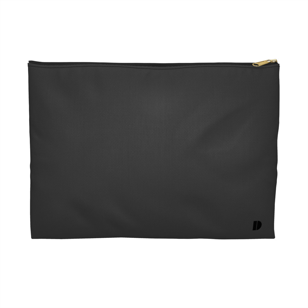 A charcoal gray textured zippered pouch with a gold zipper pull and a small black logo in the bottom right corner, shown against a plain white background.