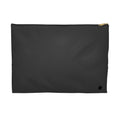 A charcoal gray textured zippered pouch with a gold zipper pull and a small black logo in the bottom right corner, shown against a plain white background.