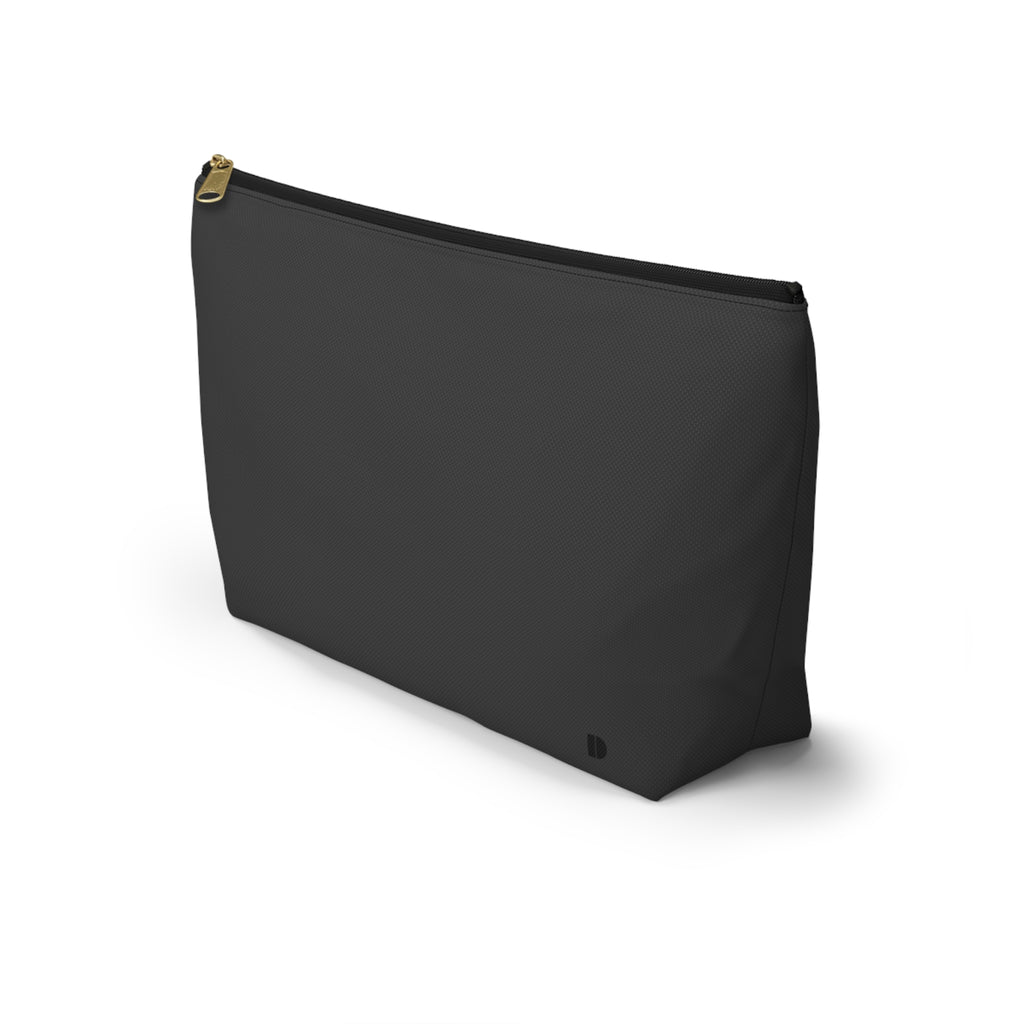 A charcoal zippered pouch with a gold zipper pull and a small logo on the bottom right, shown against a plain white background.