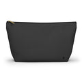 A charcoal zippered pouch with a gold zipper pull and a small logo on the bottom right, shown against a plain white background.