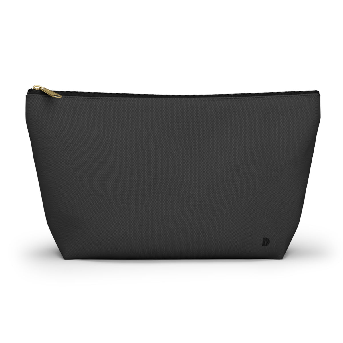 A charcoal zippered pouch with a gold zipper pull and a small logo on the bottom right, shown against a plain white background.