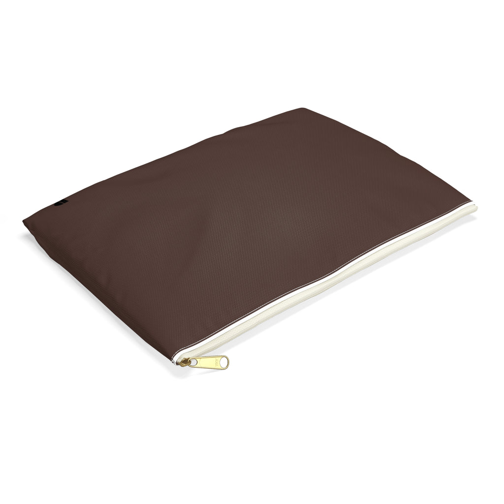 A brown textured zippered pouch with a gold zipper pull and a small black monogram logo in the bottom right corner, shown against a plain white background.
