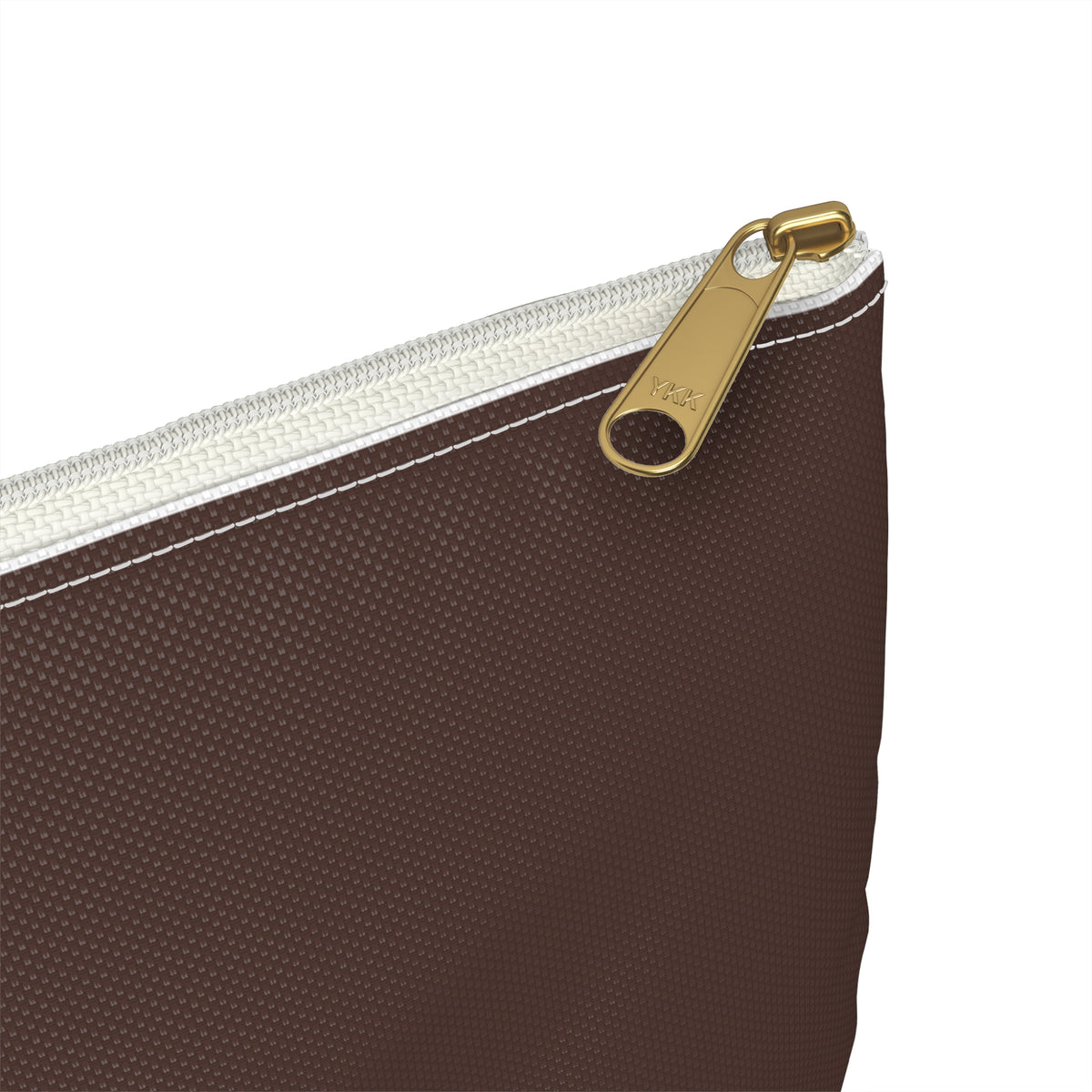 Close-up of a brown textured zippered pouch with a gold-tone metal zipper pull and white zipper tape, shown on a plain white background.