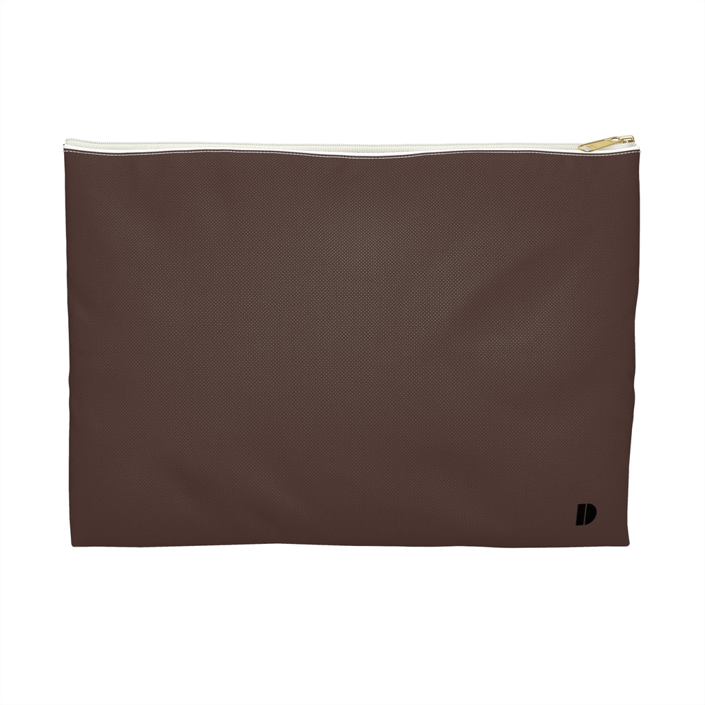 A brown textured zippered pouch with a gold zipper pull and a small black monogram logo in the bottom right corner, shown against a plain white background.