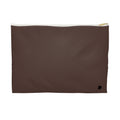 A brown textured zippered pouch with a gold zipper pull and a small black monogram logo in the bottom right corner, shown against a plain white background.