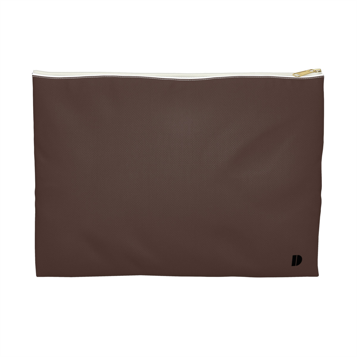 A brown textured zippered pouch with a gold zipper pull and a small black monogram logo in the bottom right corner, shown against a plain white background.