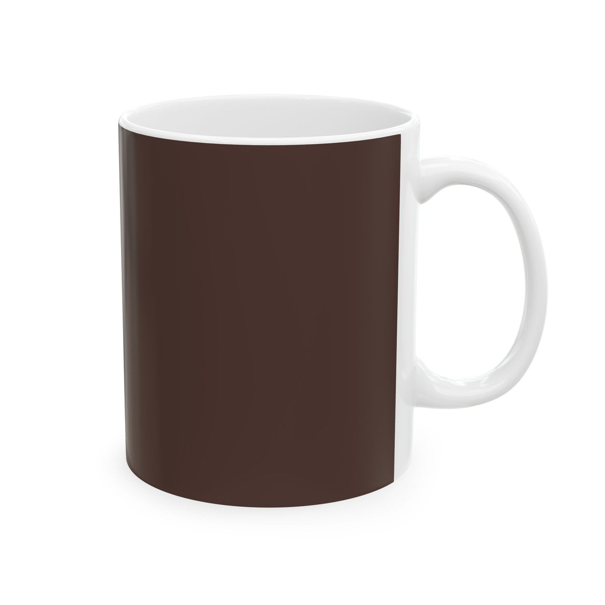 Minimalist dark brown solid ceramic mug by The Cultivated Desk, right-side view showcasing the sleek white handle, available in 11oz and 15oz sizes for a curated workspace.