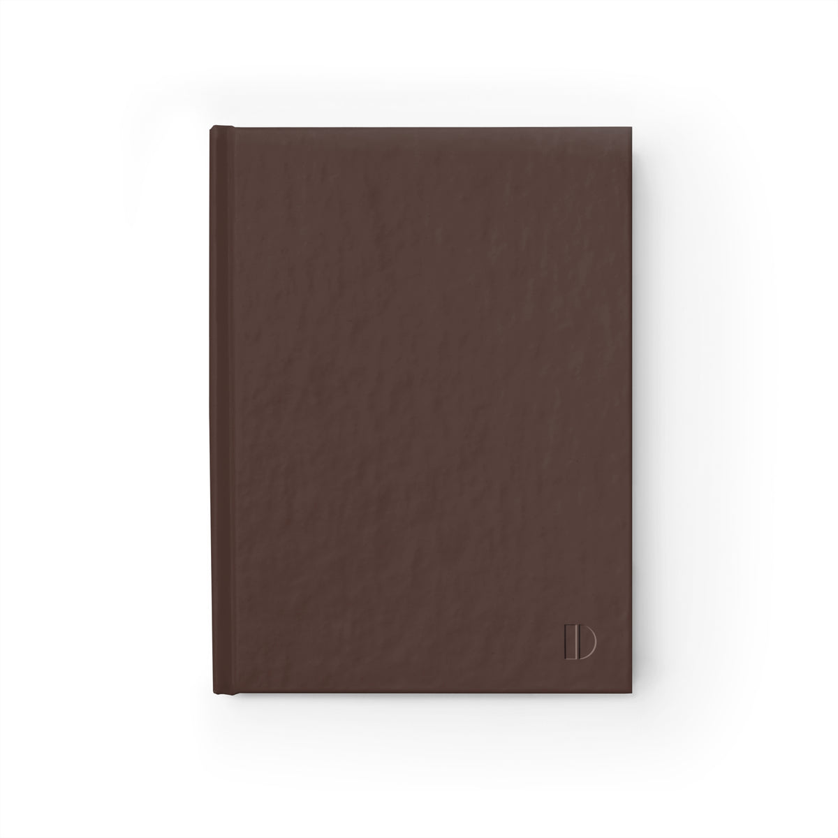 Minimalist dark brown hardcover journal by The Cultivated Desk, featuring a front cover view with a subtle faux debossed geometric logo in the corner.