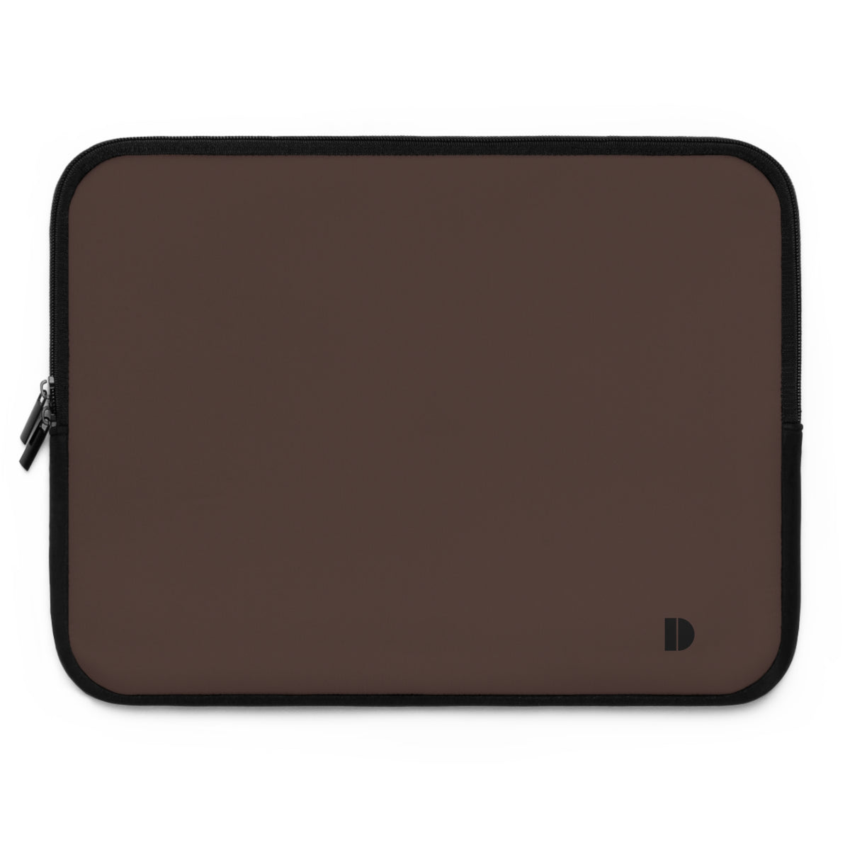 A dark brown neoprene laptop sleeve with a black zipper trim and a small black monogram logo in the bottom right corner, shown on a plain white background.
