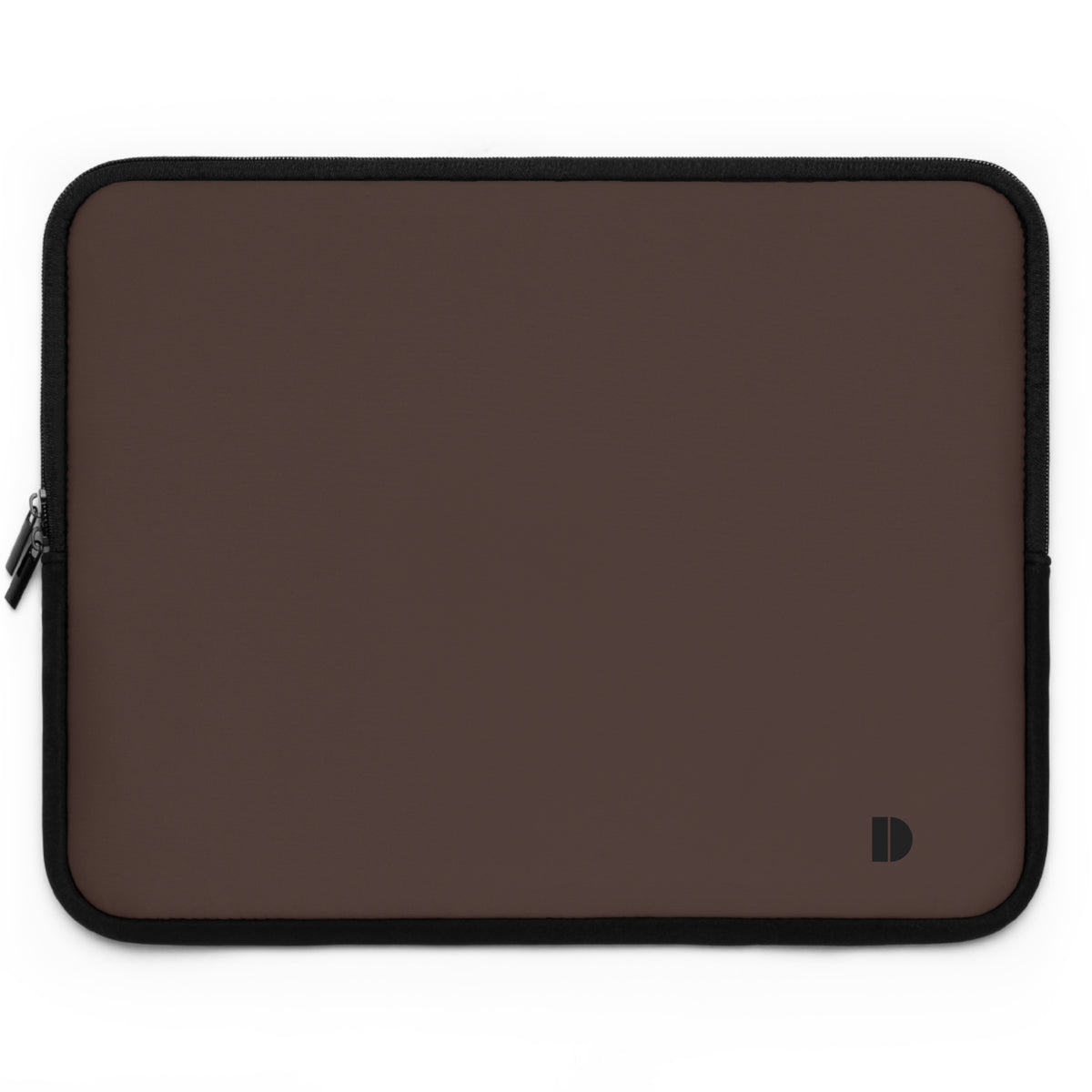 A brown neoprene laptop sleeve with a black zipper and black trim, featuring a small black monogram logo in the bottom right corner, set against a plain white background.
