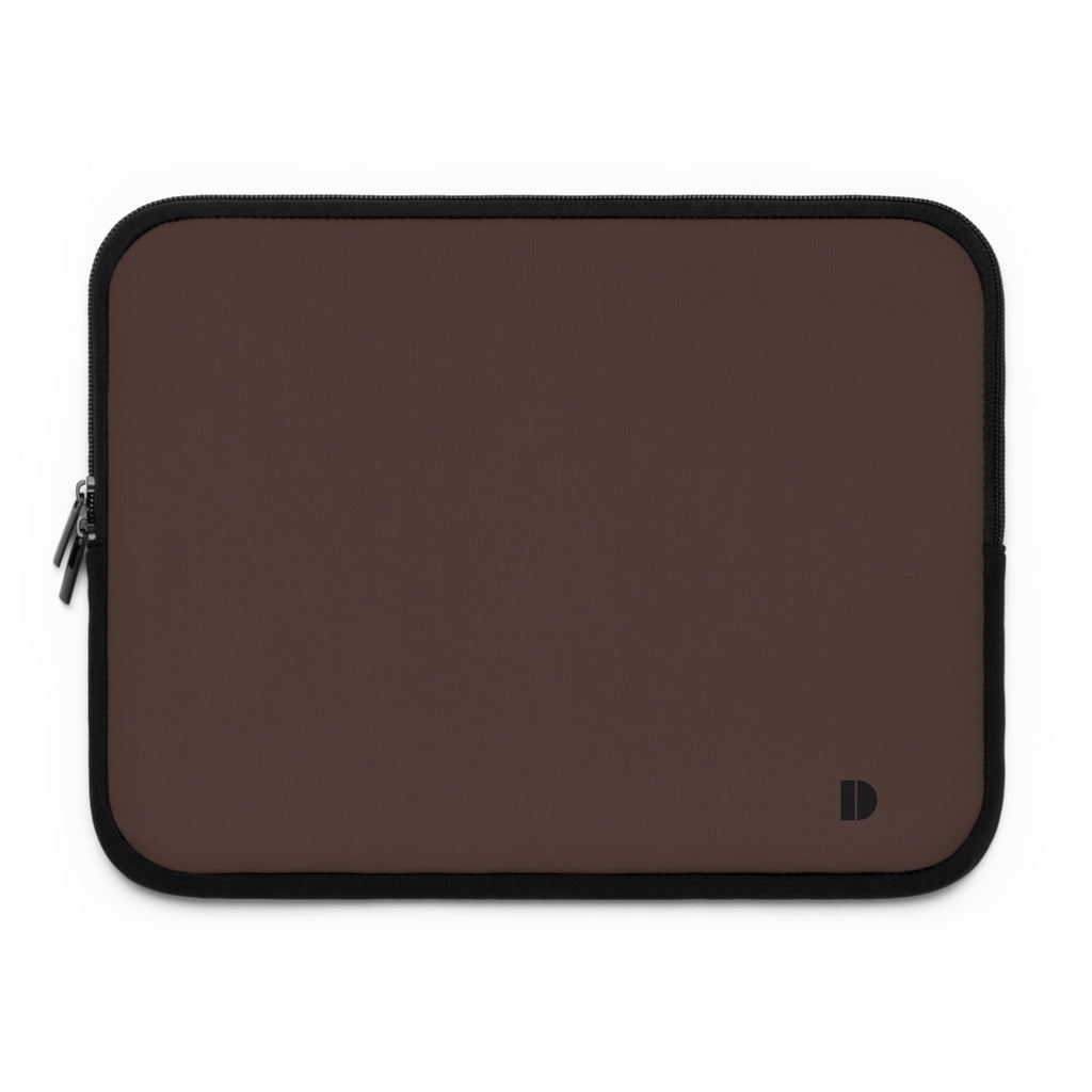 A brown neoprene laptop sleeve with black trim and a small black logo on the bottom right, shown on a plain white background.