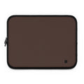 A brown neoprene laptop sleeve with black trim and a small black logo on the bottom right, shown on a plain white background.