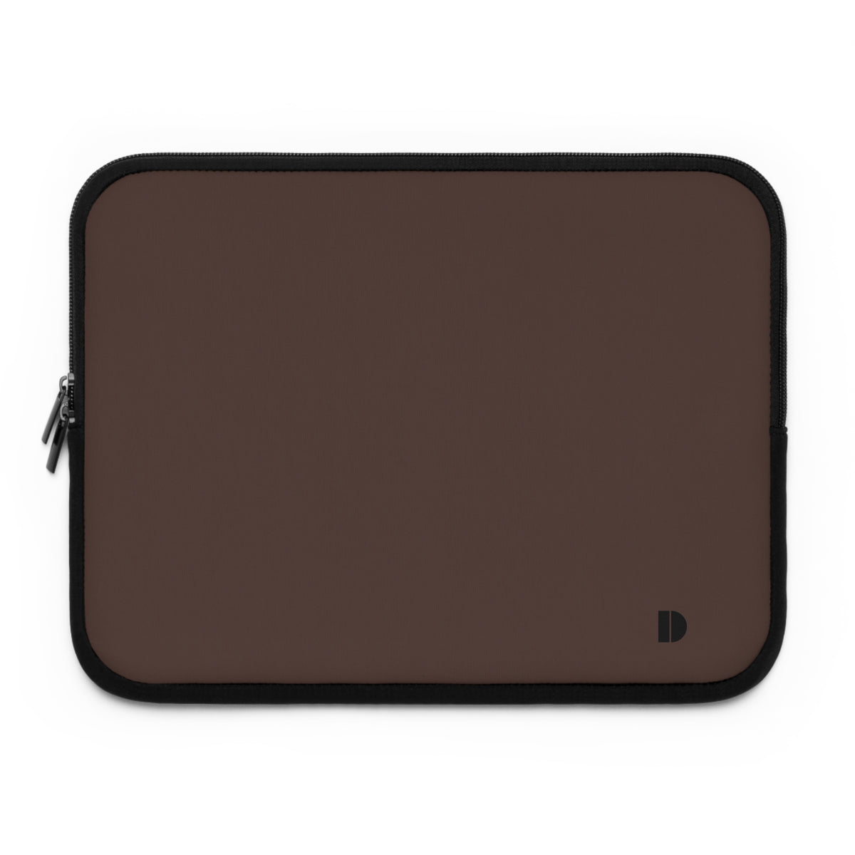 A brown neoprene laptop sleeve with black trim and a small black logo on the bottom right, shown on a plain white background.