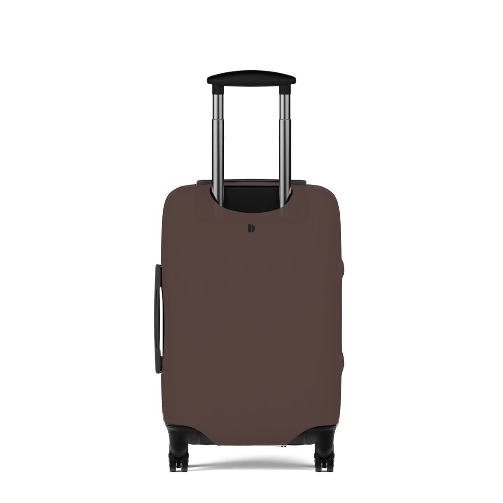 A brown protective luggage cover fitted on a hard-shell rolling suitcase, shown from the front against a plain white background.
