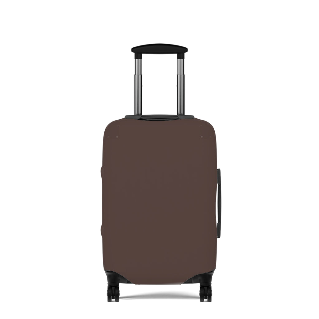 A brown protective luggage cover fitted on a hard-shell rolling suitcase, shown from the front against a plain white background.