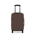 A brown protective luggage cover fitted on a hard-shell rolling suitcase, shown from the front against a plain white background.