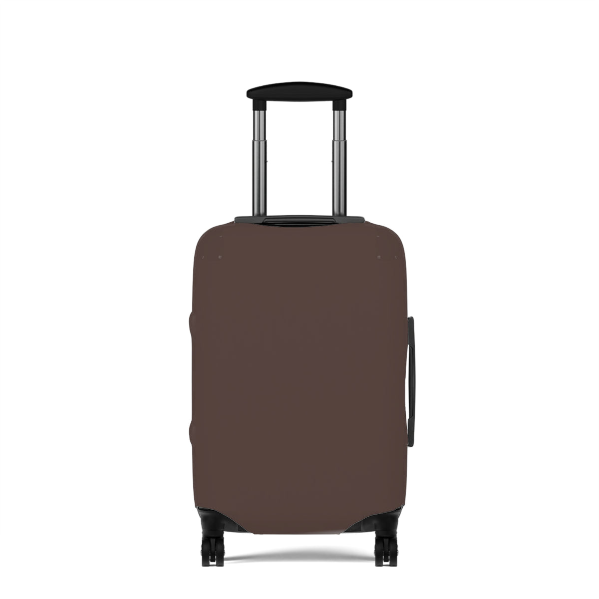 A brown protective luggage cover fitted on a hard-shell rolling suitcase, shown from the front against a plain white background.