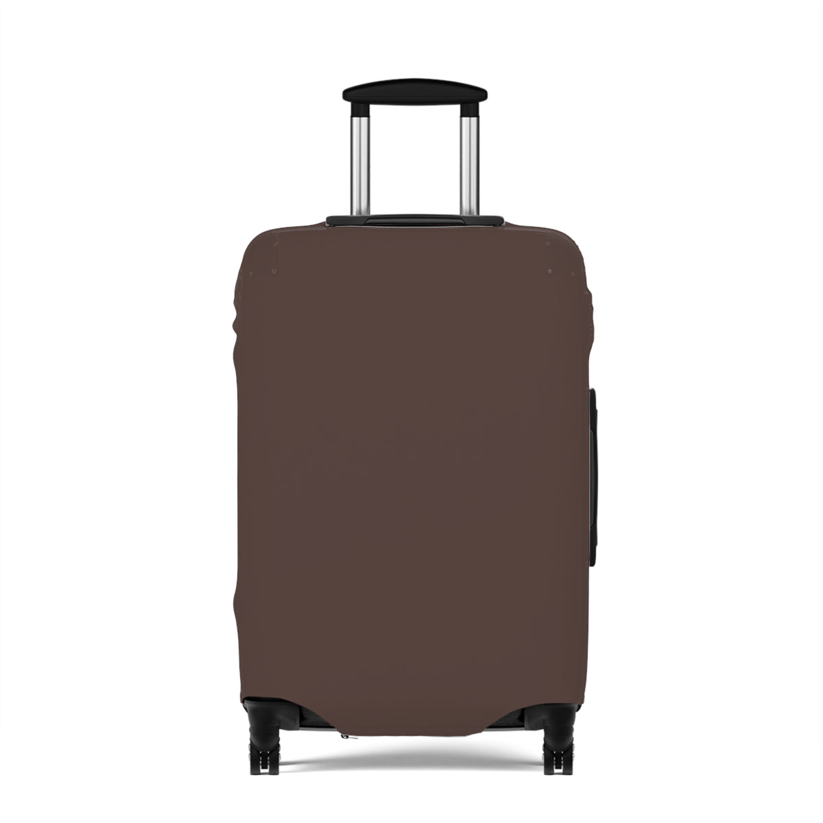 A brown protective luggage cover fitted onto a hard-shell rolling suitcase, shown from the front against a plain white background.