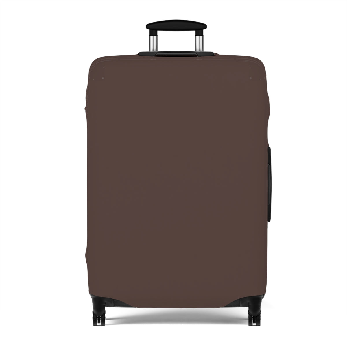 A brown protective suitcase cover fitted on a hard-shell rolling suitcase, shown from the front against a plain white background.