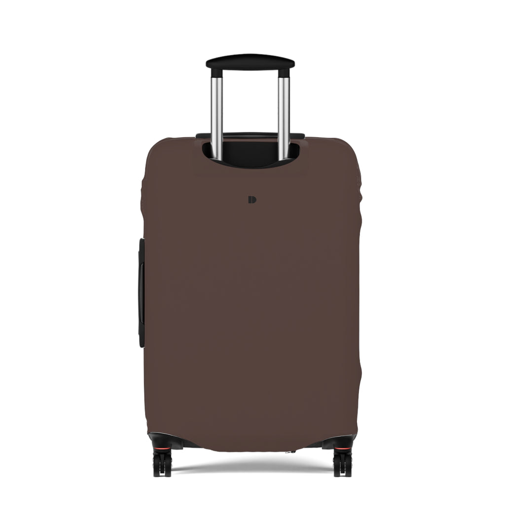 A brown protective luggage cover fitted on a hard-shell rolling suitcase, shown from the front against a plain white background.