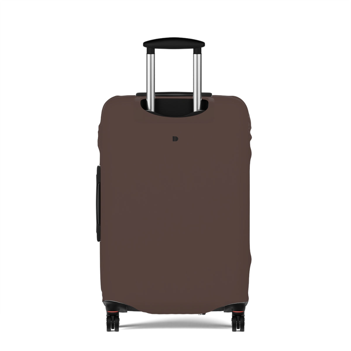 A brown protective luggage cover fitted on a hard-shell rolling suitcase, shown from the front against a plain white background.