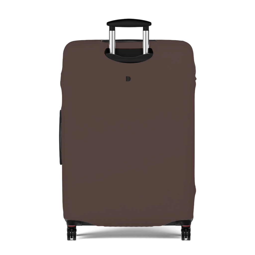 A brown protective luggage cover fitted on a hard-shell rolling suitcase, shown from the front against a plain white background.